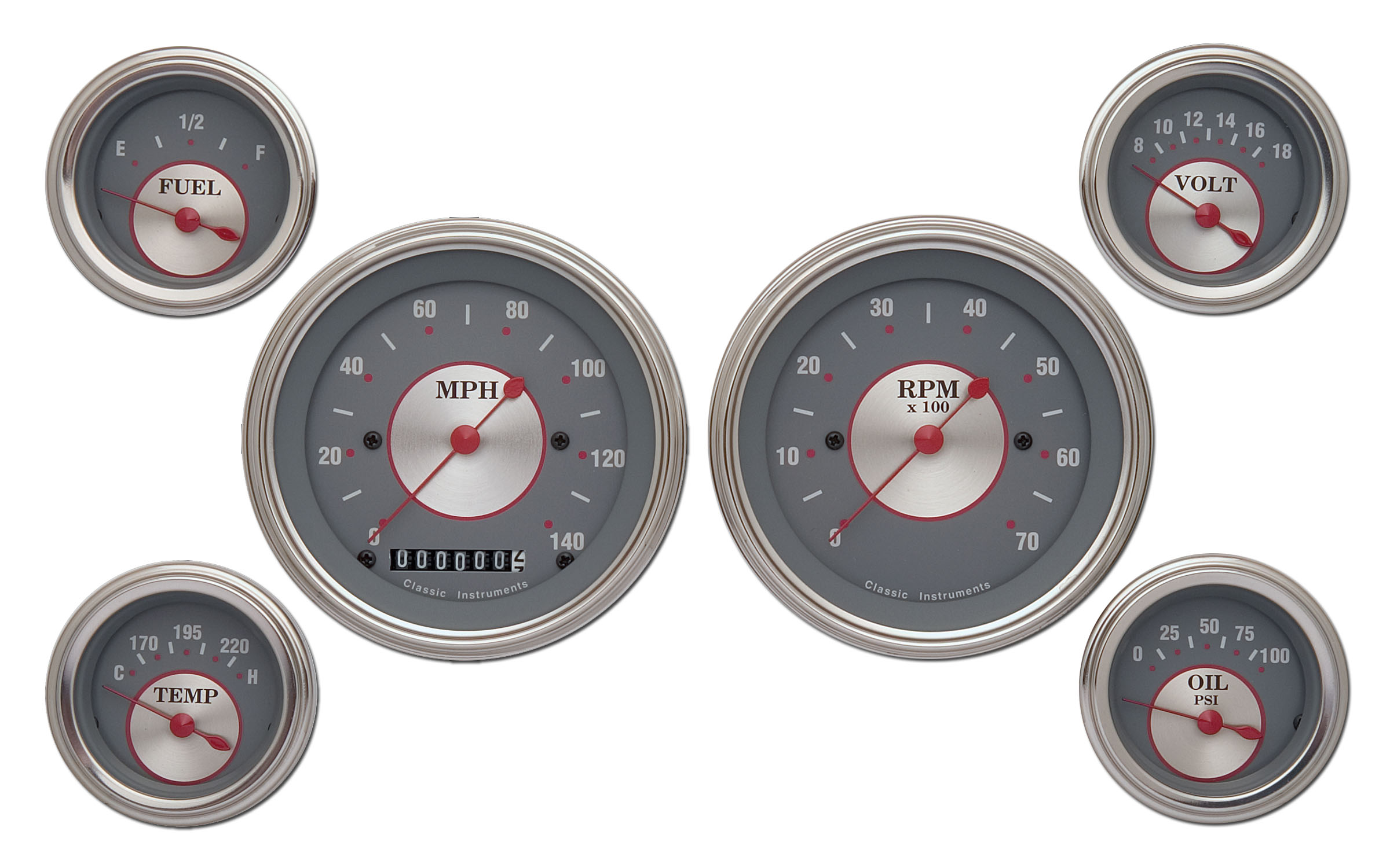 6 Gauge Set Speedo Tach Oil Temp Fuel Volt Pinstripe II Red White Chrome
